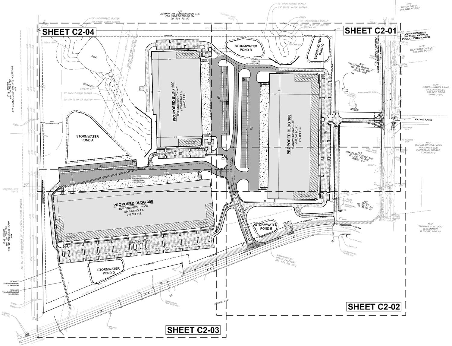 A technical drawing of the proposed Braselton Circuit Business Center buildings and layout.