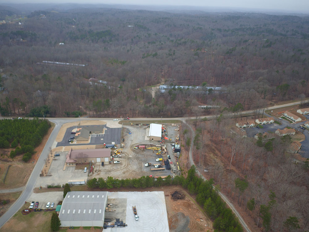 Aerial drone view of a commercial construction site.