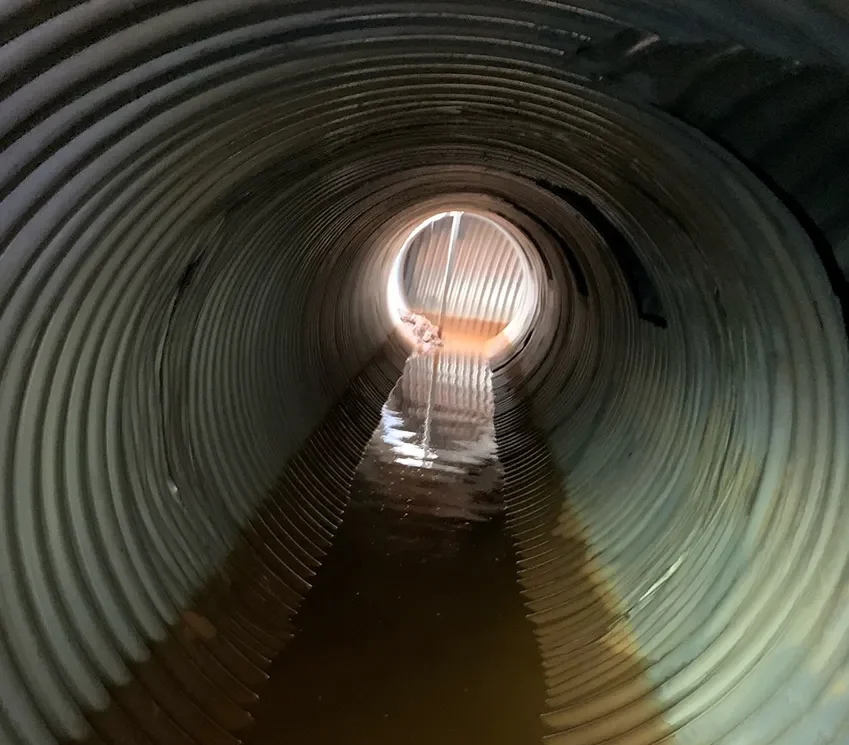 The inside of a large pipe underneath a pond.